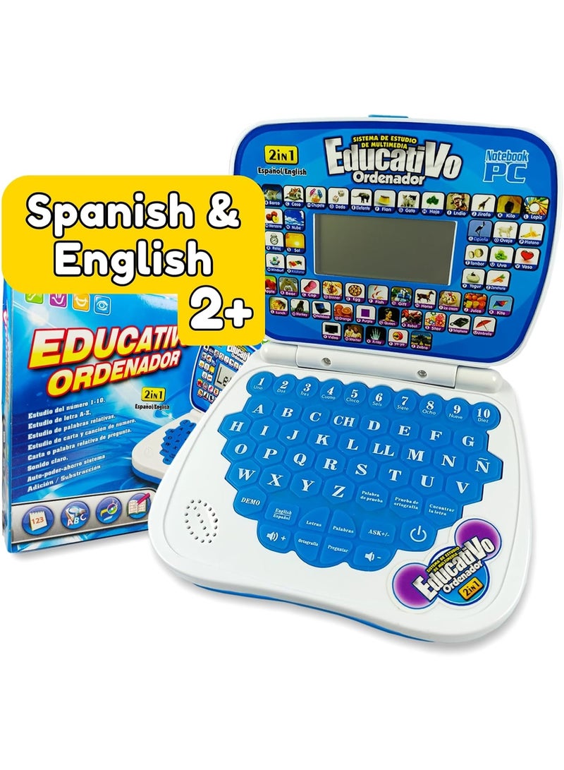 Interactive Bilingual Spanish and English Learning Laptop Toy for Kids Ages 2, 3, 4 Years Old, Educational Smart Electronic Learning Computer for Toddlers, Teach Alphabet, Numbers, Words, Spelling, Math, Addition and Subtraction, Pretend Play Laptop Toy, Interactive Games and Quizzes to Develop Memory, Reasoning, Sociability, Reading Skills, Writing Skills, Bilingual Language Development, Music, Dance, Spanish Nursery Rhymes, Fun and Educational Electronic Learning Device for Preschool Kids, Enhance Problem-Solving, Cognitive Skills, Fine Motor Skills, Imaginative Play, Language Learning, Toddlers Educational Interactive Toy Laptop. - Image 1